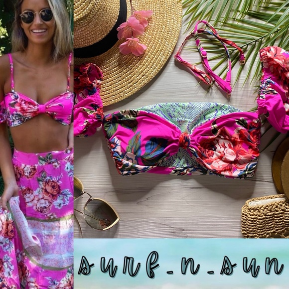 Maaji 🌺 Reversible Floral 5-Way Puff Sleeve Strapless Knot Bralette Bikini Top